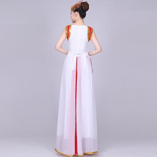 Women Red white Younger Chinese Folk Dance Costumes Chinese Fan Dance Costumes